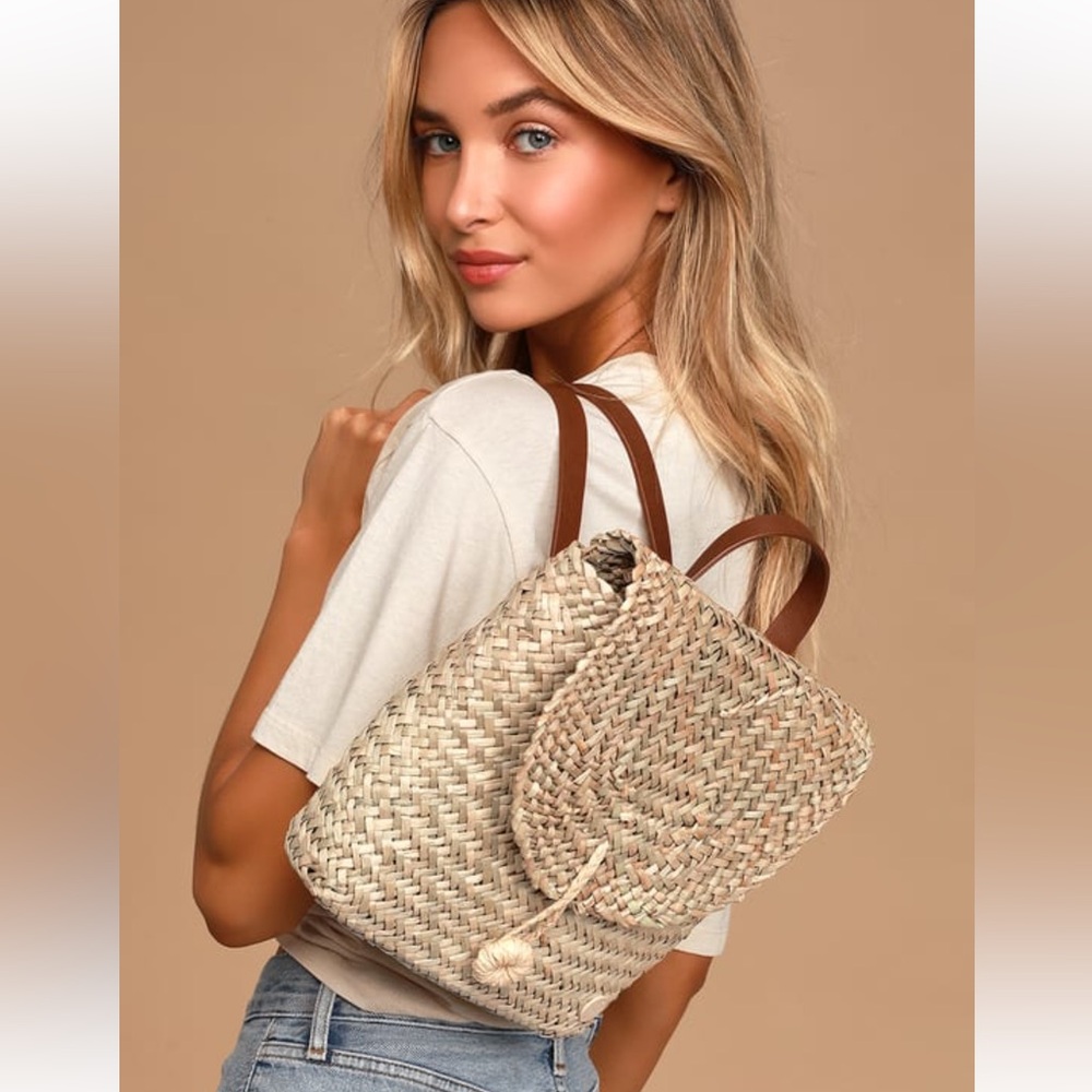 BILLABONG Changing Tides Straw Packpack Woven Tan Backpack Faux Leather Straps